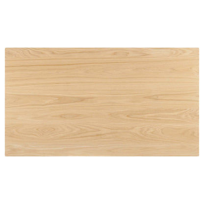 Rectangular oak dining table with rounded corners and natural wood grain.