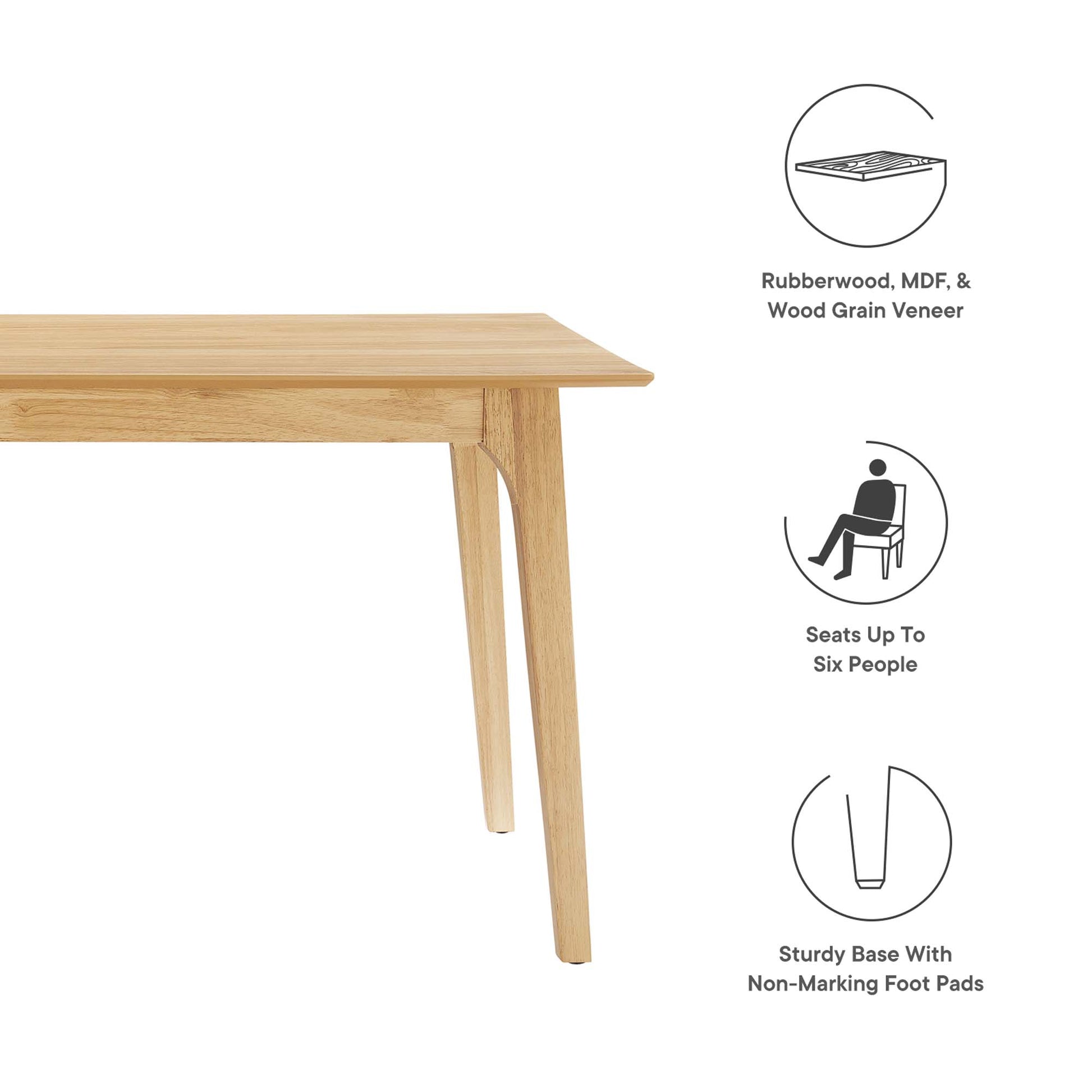 Brown oak rectangle dining table, seats up to six, with non-marking foot pads.