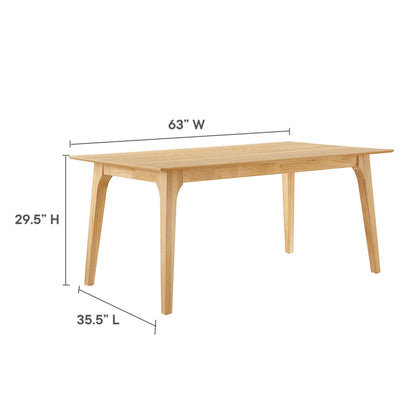 Natural oak dining table with curved legs, 63" W x 29.5" H x 35.5" D; mid-century modern.
