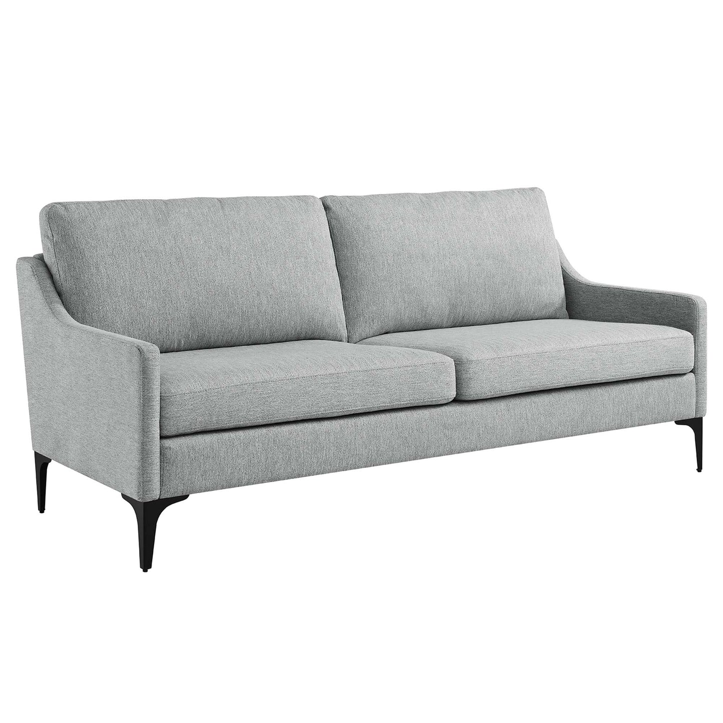Light gray fabric sofa with two back cushions, two seat cushions, slim curved arms and black tapered legs.