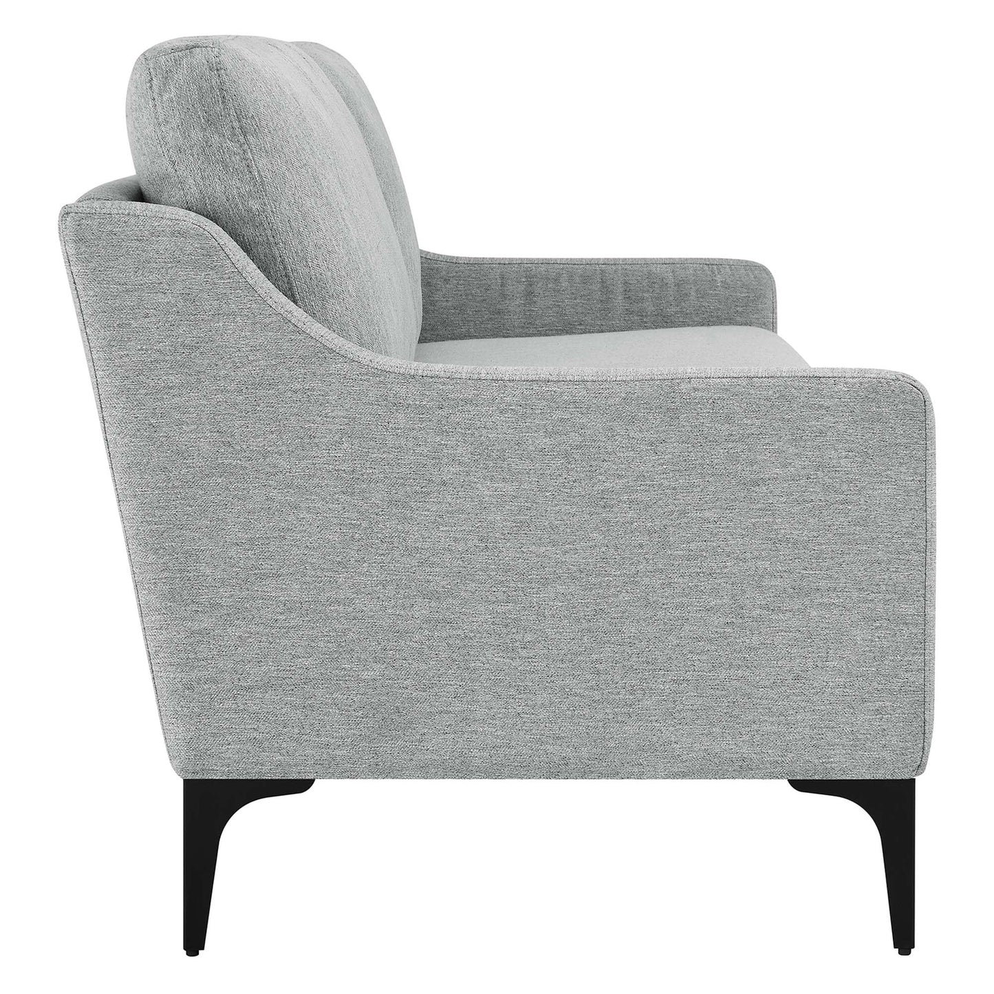Light gray fabric sofa with cushioned back and seat and black wooden legs.