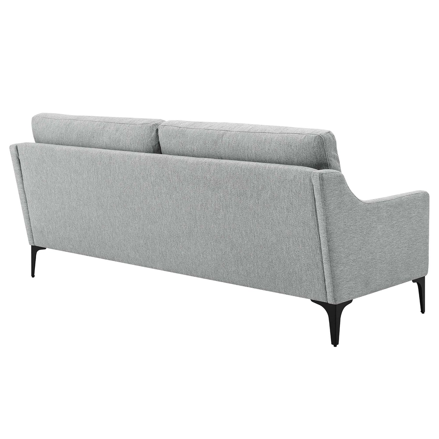Rear view of a light gray fabric sofa with two back cushions, curved right arm, and black tapered legs.