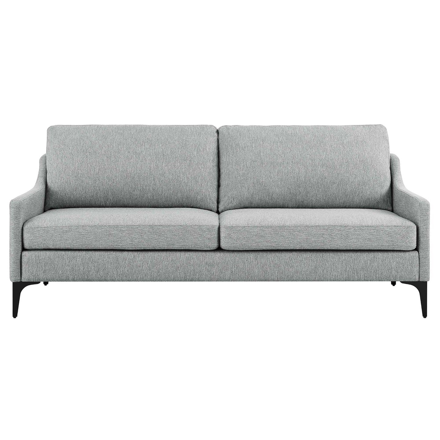 Gray fabric sofa with two seat cushions, slim arms and black tapered legs in a modern mid-century style.