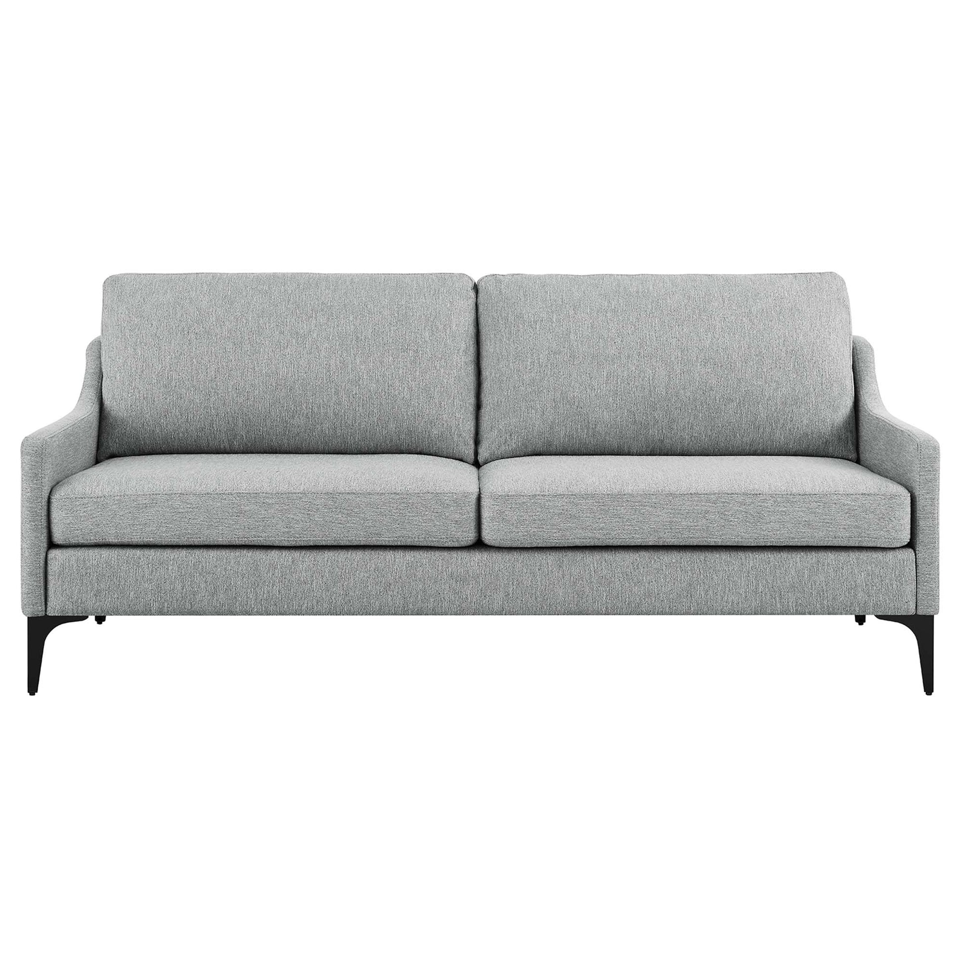 Gray fabric sofa with two seat cushions, slim arms and black tapered legs in a modern mid-century style.