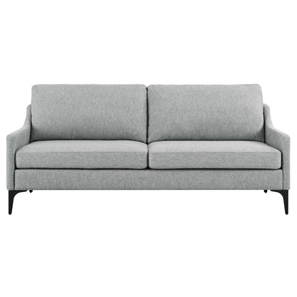 Gray fabric sofa with two seat cushions, slim arms and black tapered legs in a modern mid-century style.