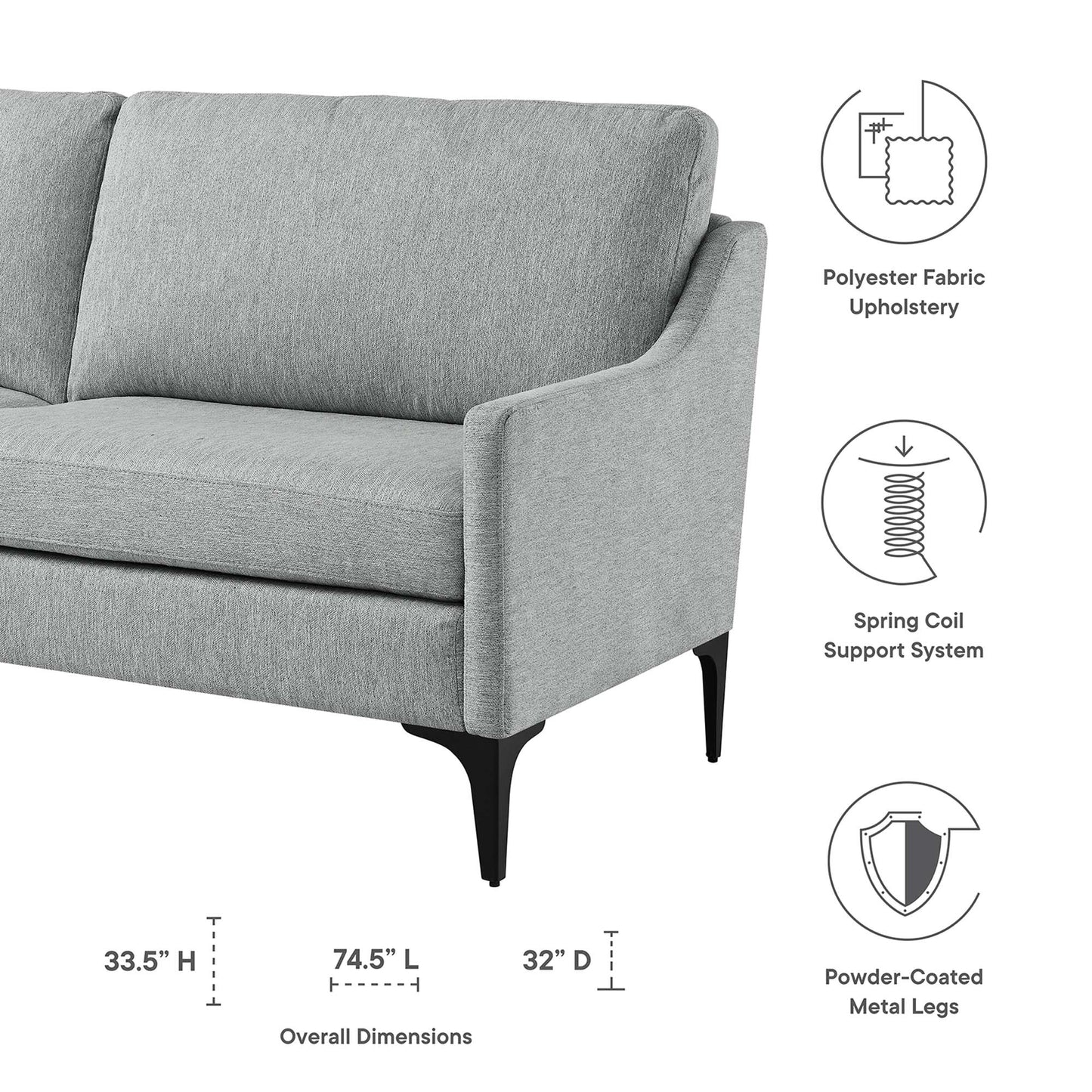 Light gray fabric sofa with slim black powder-coated legs; polyester upholstery, spring coil support system.