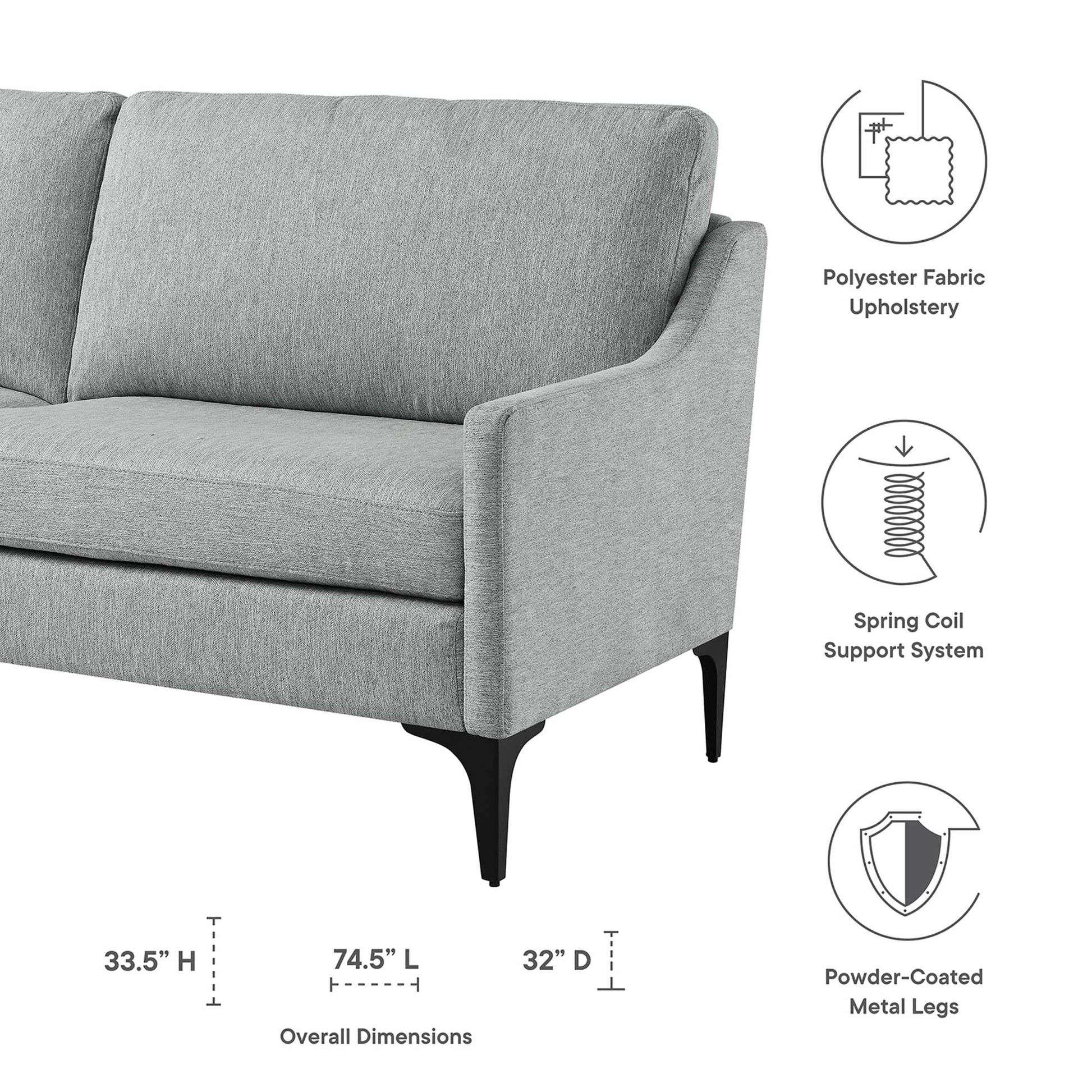 Light gray fabric sofa with slim black powder-coated legs; polyester upholstery, spring coil support system.