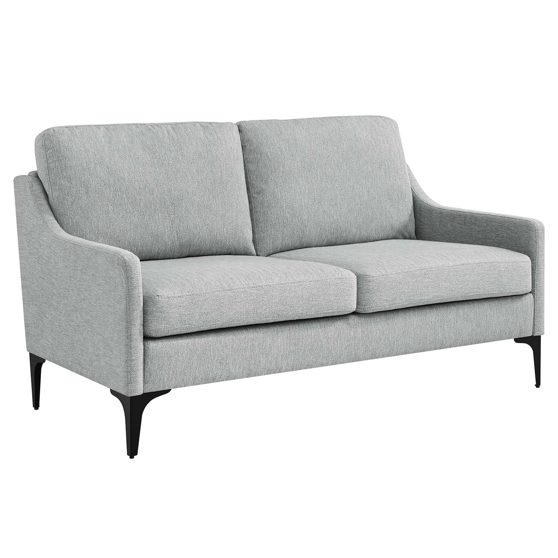 Light gray fabric loveseat with curved arms, thick cushions, & black metal legs.