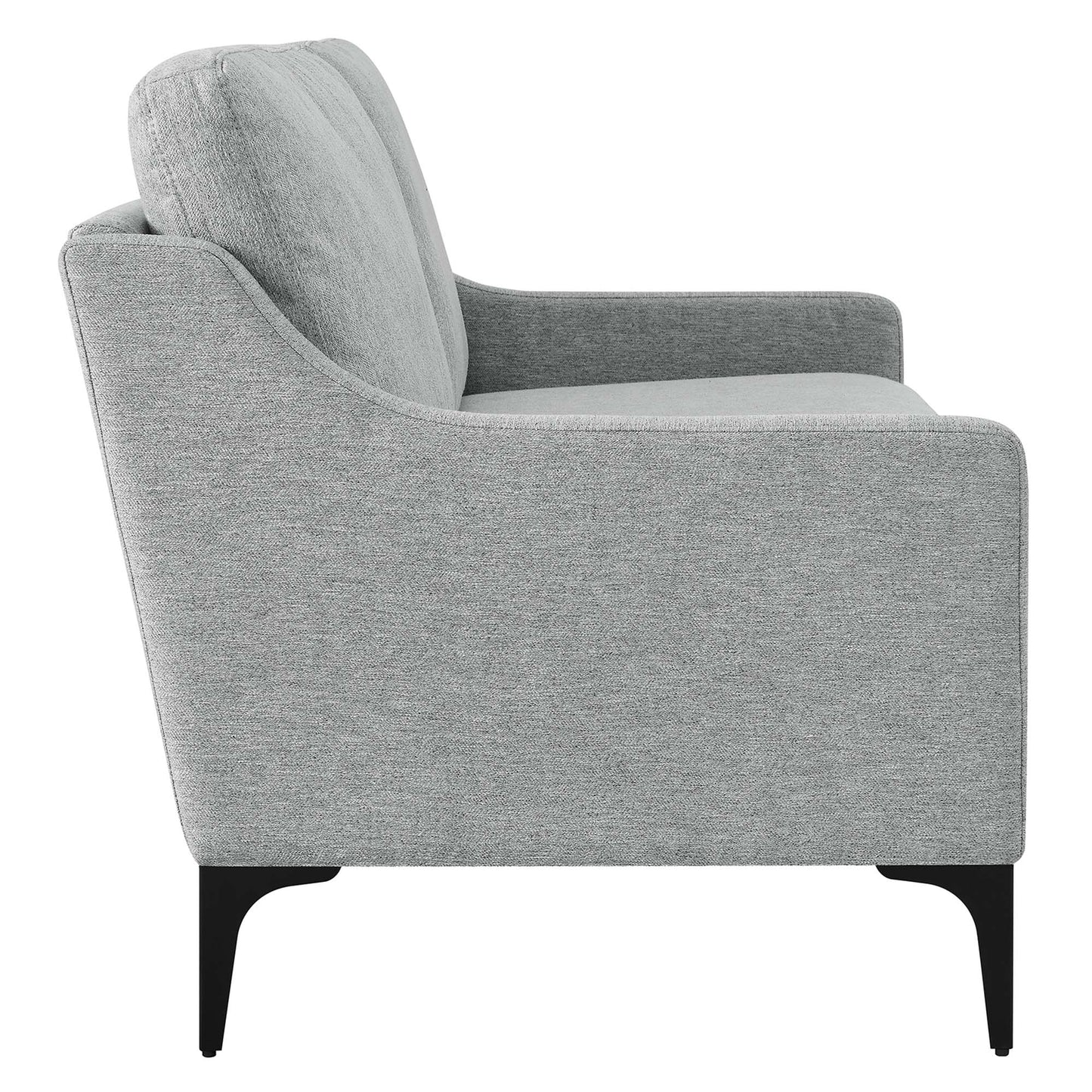 Light gray fabric upholstered loveseat with rounded arms, cushioned back, and black tapered legs.