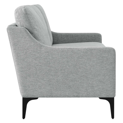 Light gray fabric upholstered loveseat with rounded arms, cushioned back, and black tapered legs.