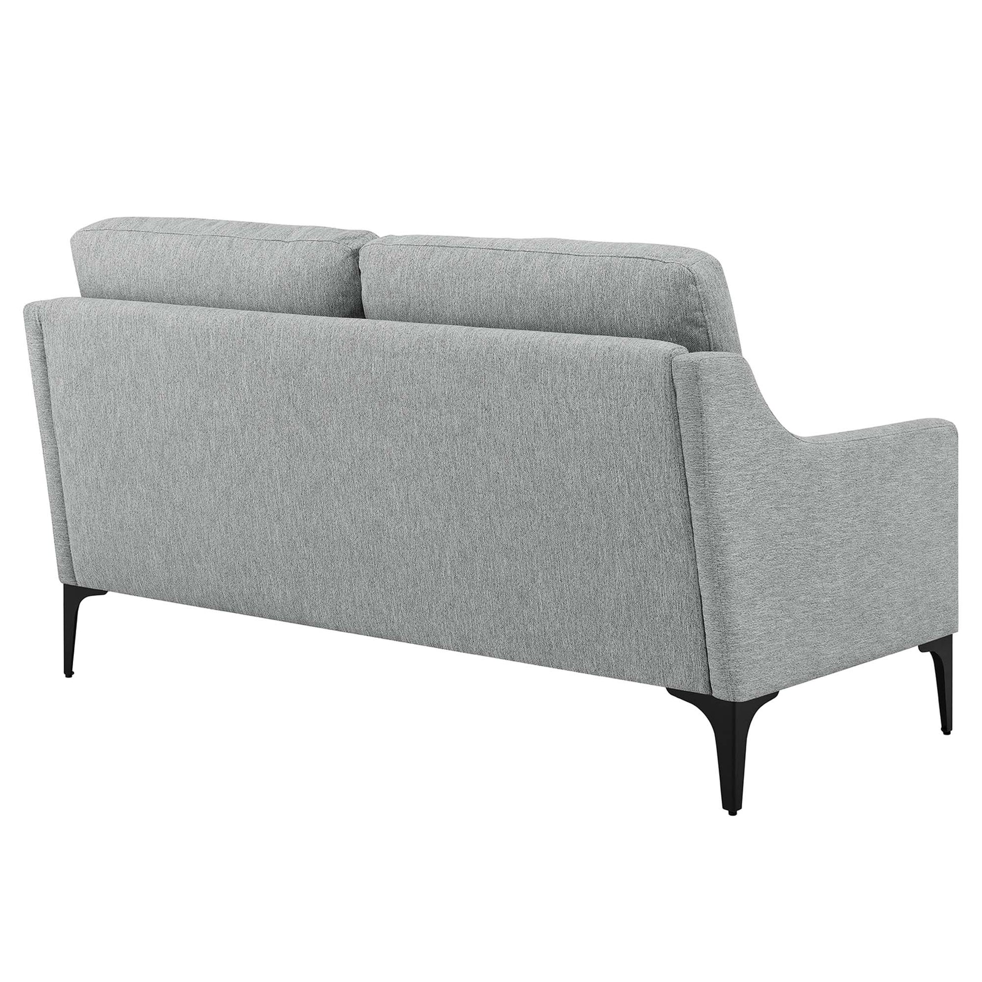 Light gray fabric loveseat with two back cushions, mid-century modern style, black tapered legs.