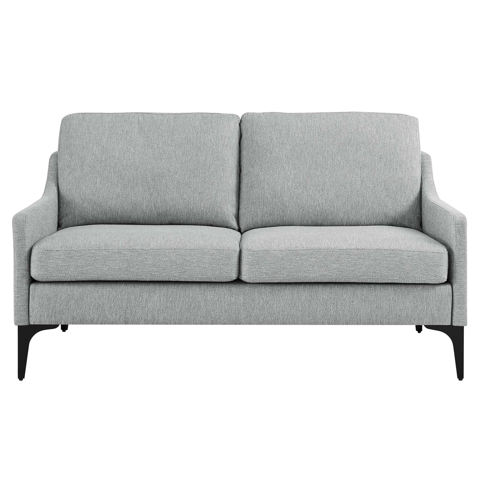 Grey fabric loveseat EEI-6021-LGR with slim black legs, modern mid-century style.