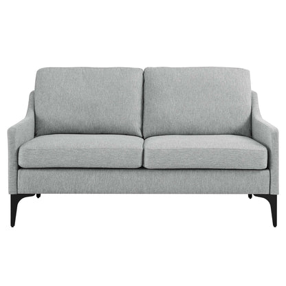 Grey fabric loveseat EEI-6021-LGR with slim black legs, modern mid-century style.