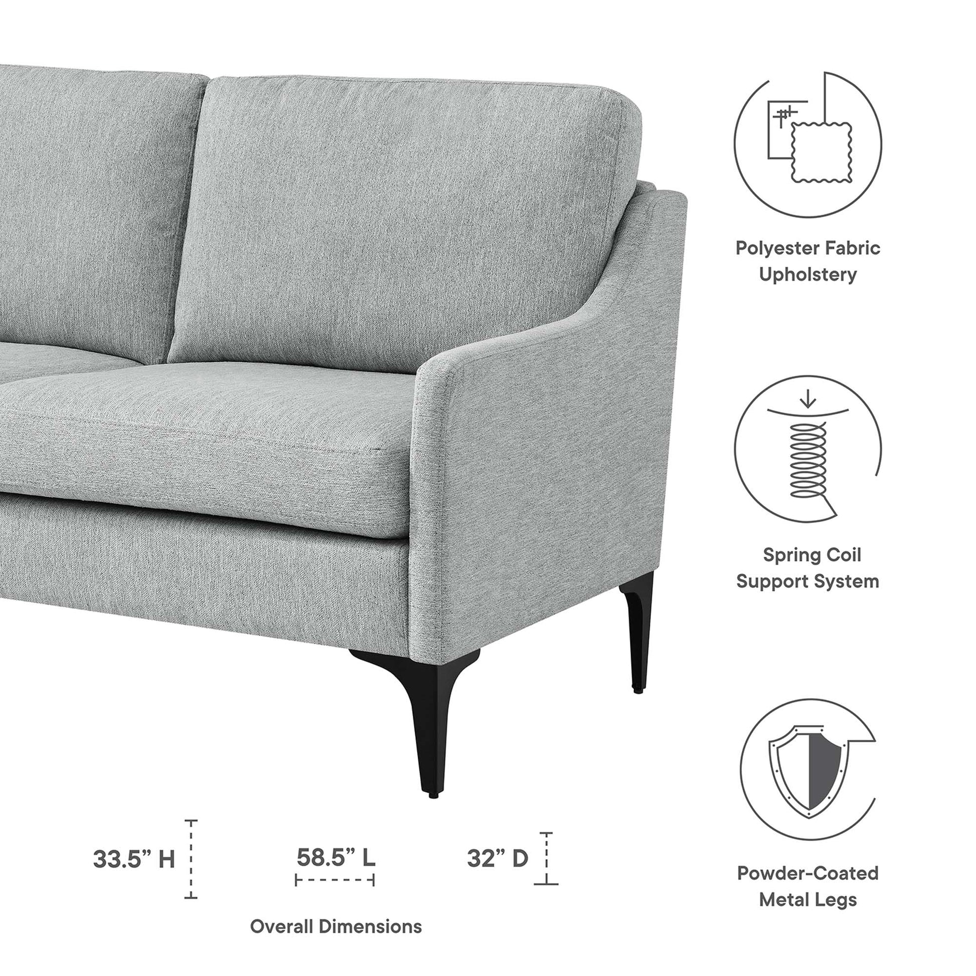 Gray polyester fabric mid-century loveseat with curved arms and slim black powder-coated legs; two back cushions.