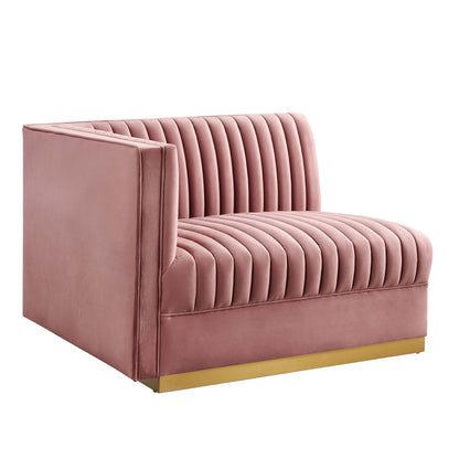 Red channel-tufted velvet modular sectional sofa with squared arms & a metal base (left-arm chair).