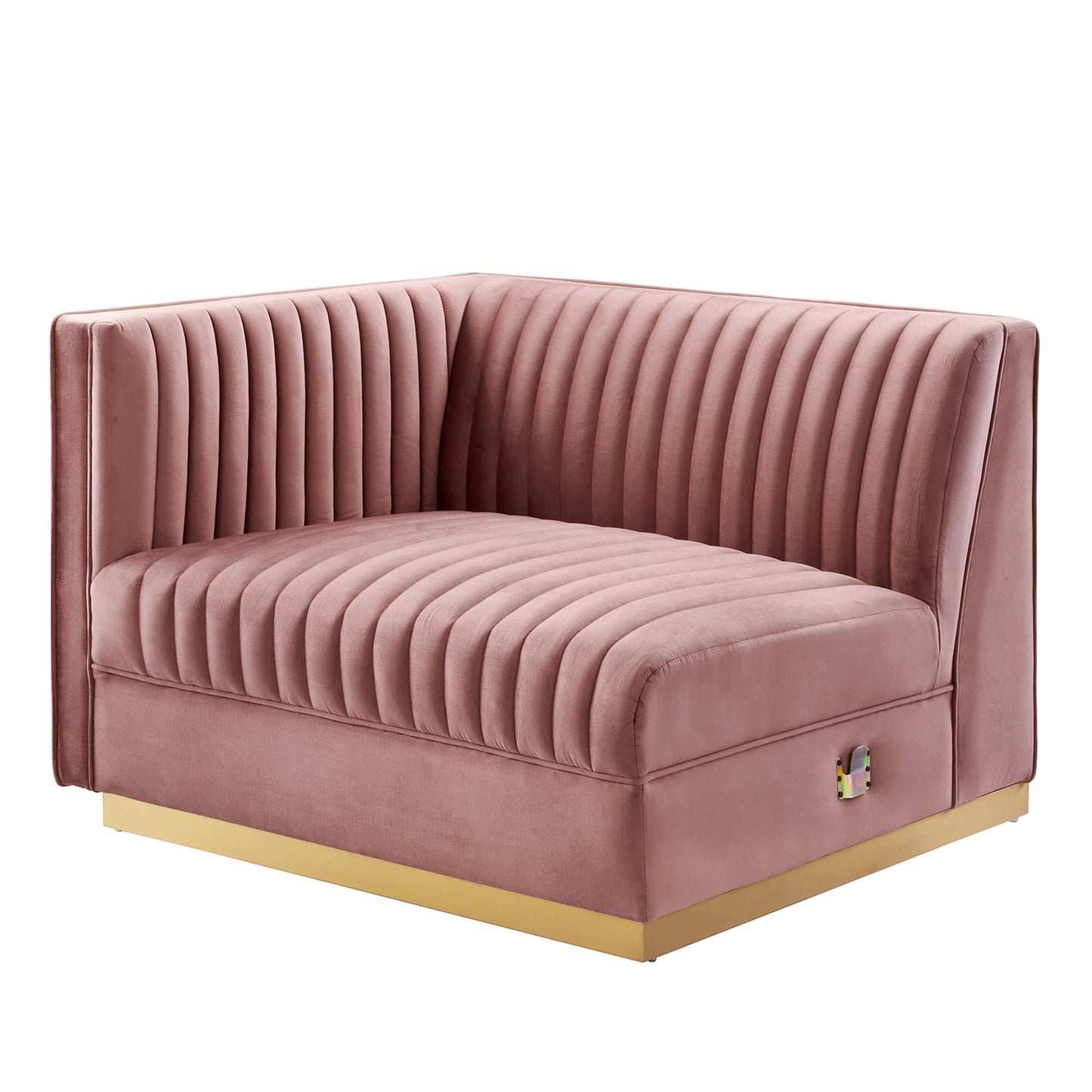 Dusty rose velvet modular sectional sofa with vertical channel tufting and a gold-tone metal base, including a left-arm chair.