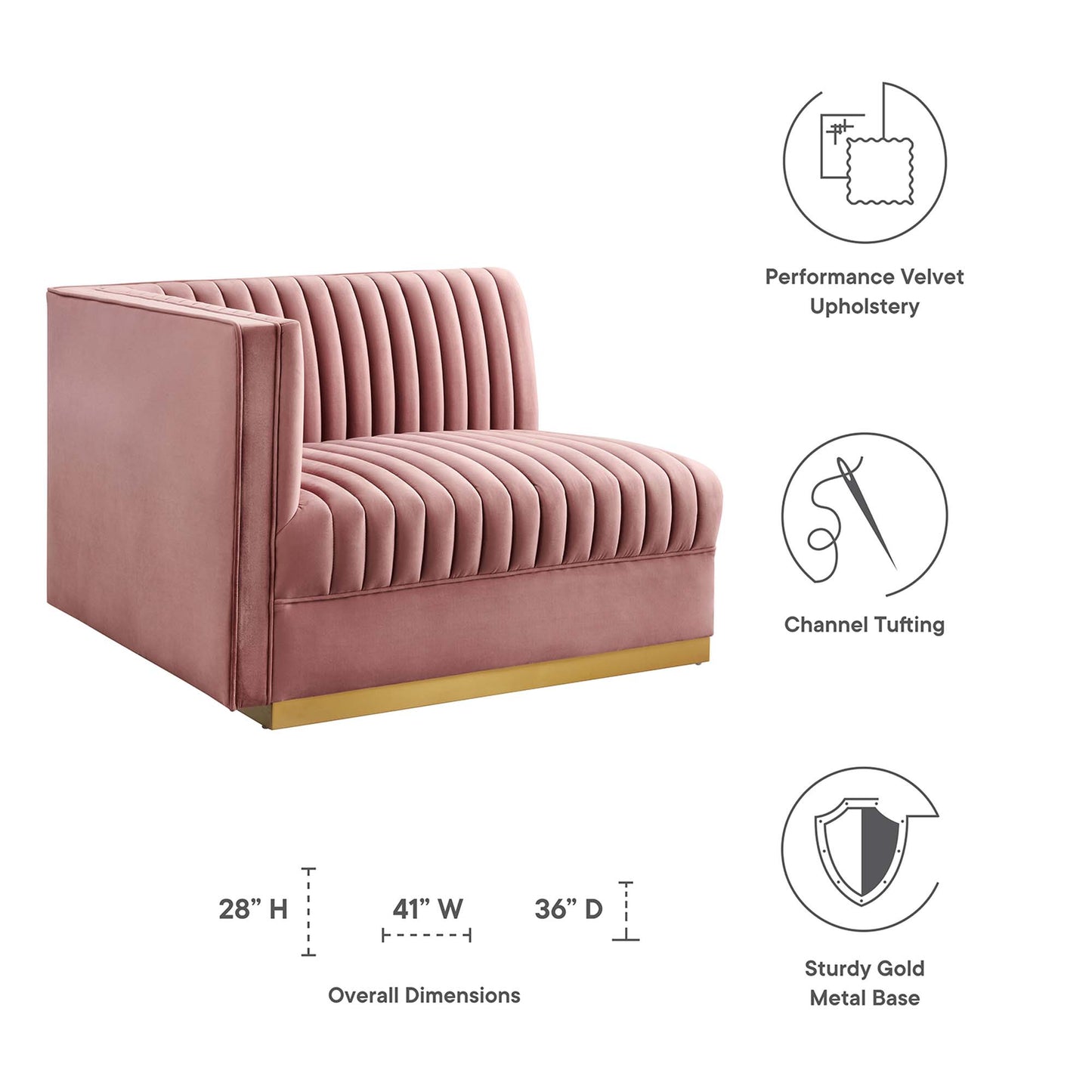 Red performance velvet channel-tufted modular sectional sofa with a left-arm chair and a gold metal base.
