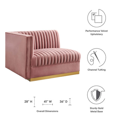 Red performance velvet channel-tufted modular sectional sofa with a left-arm chair and a gold metal base.