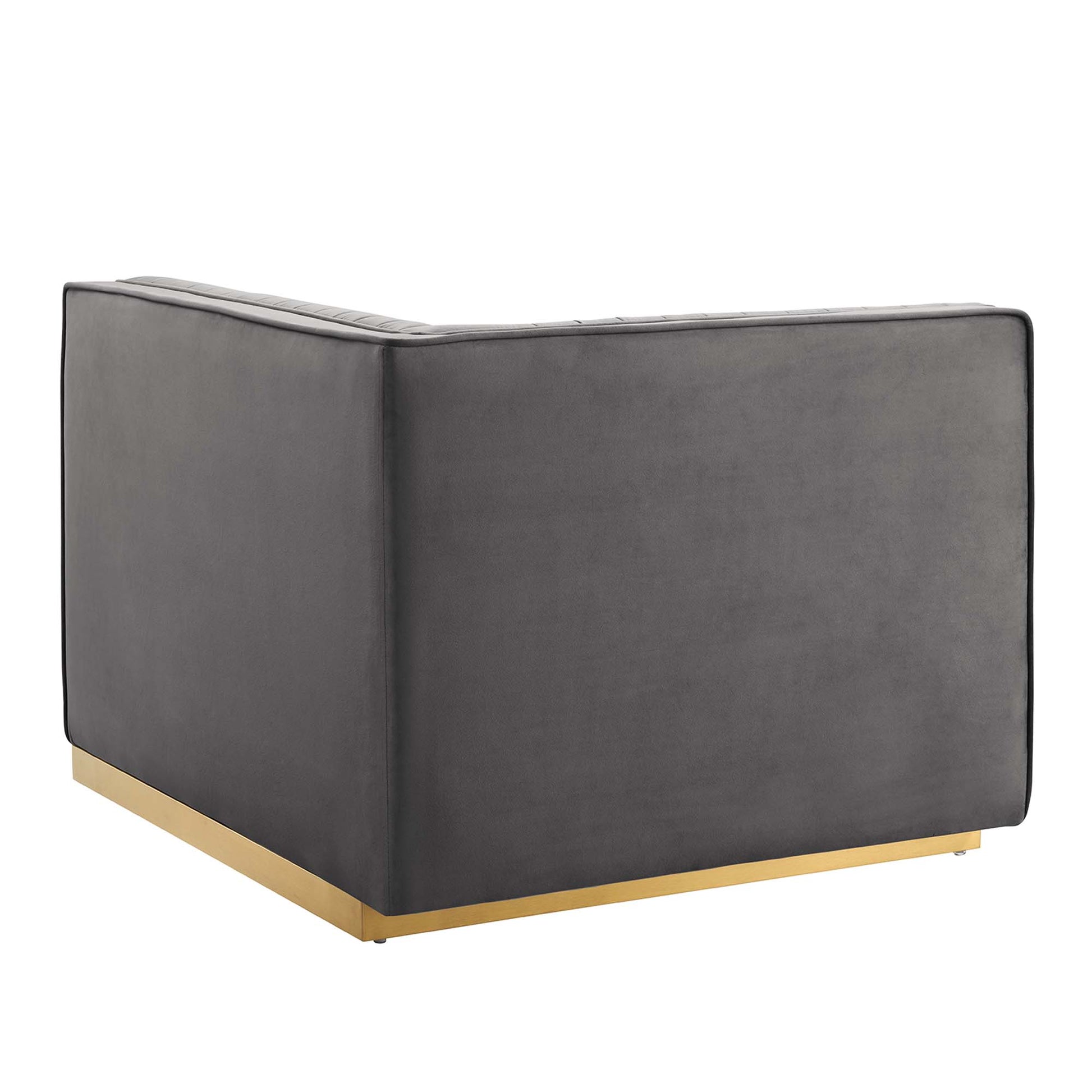 Gray boxy modular sectional sofa with square arms, velvet upholstery, and a light wood base; includes a left-arm chair.