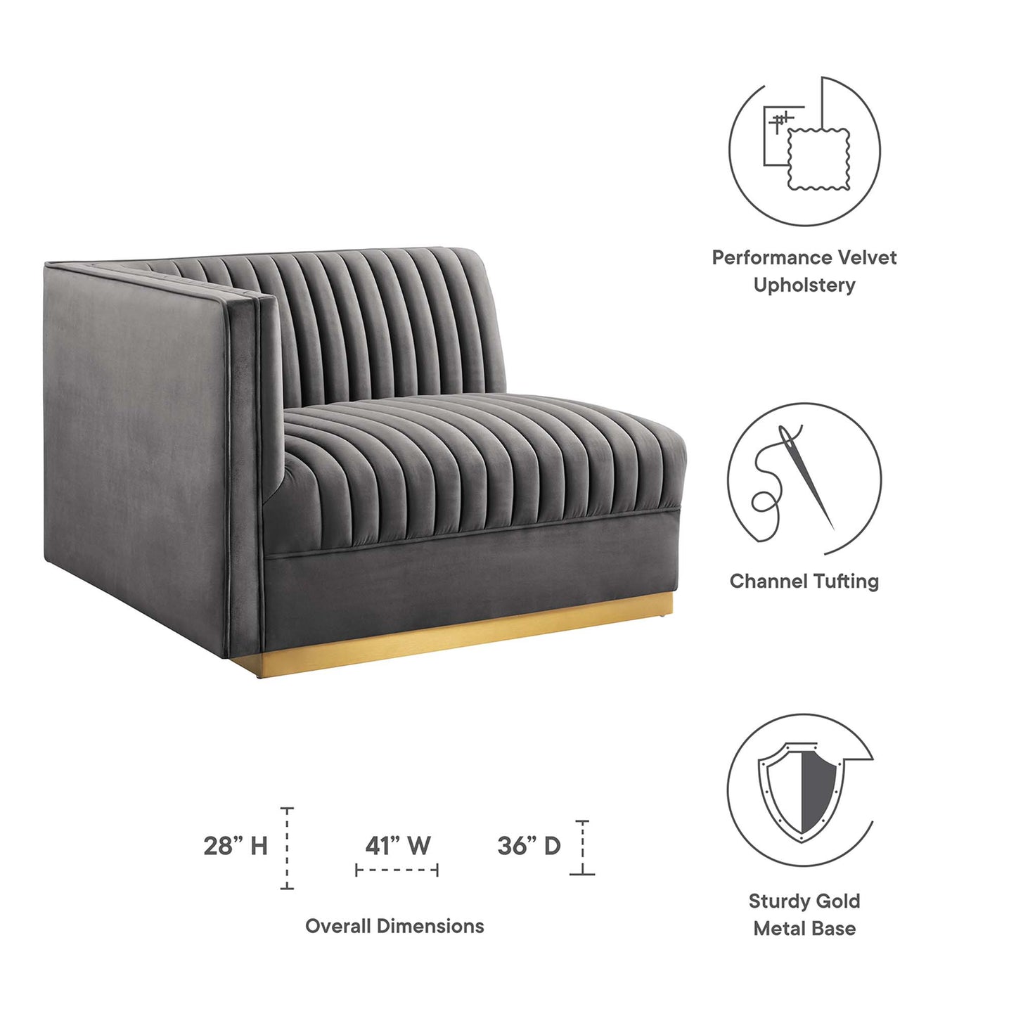 Dark gray performance velvet loveseat with vertical channel tufting and a gold metal base.