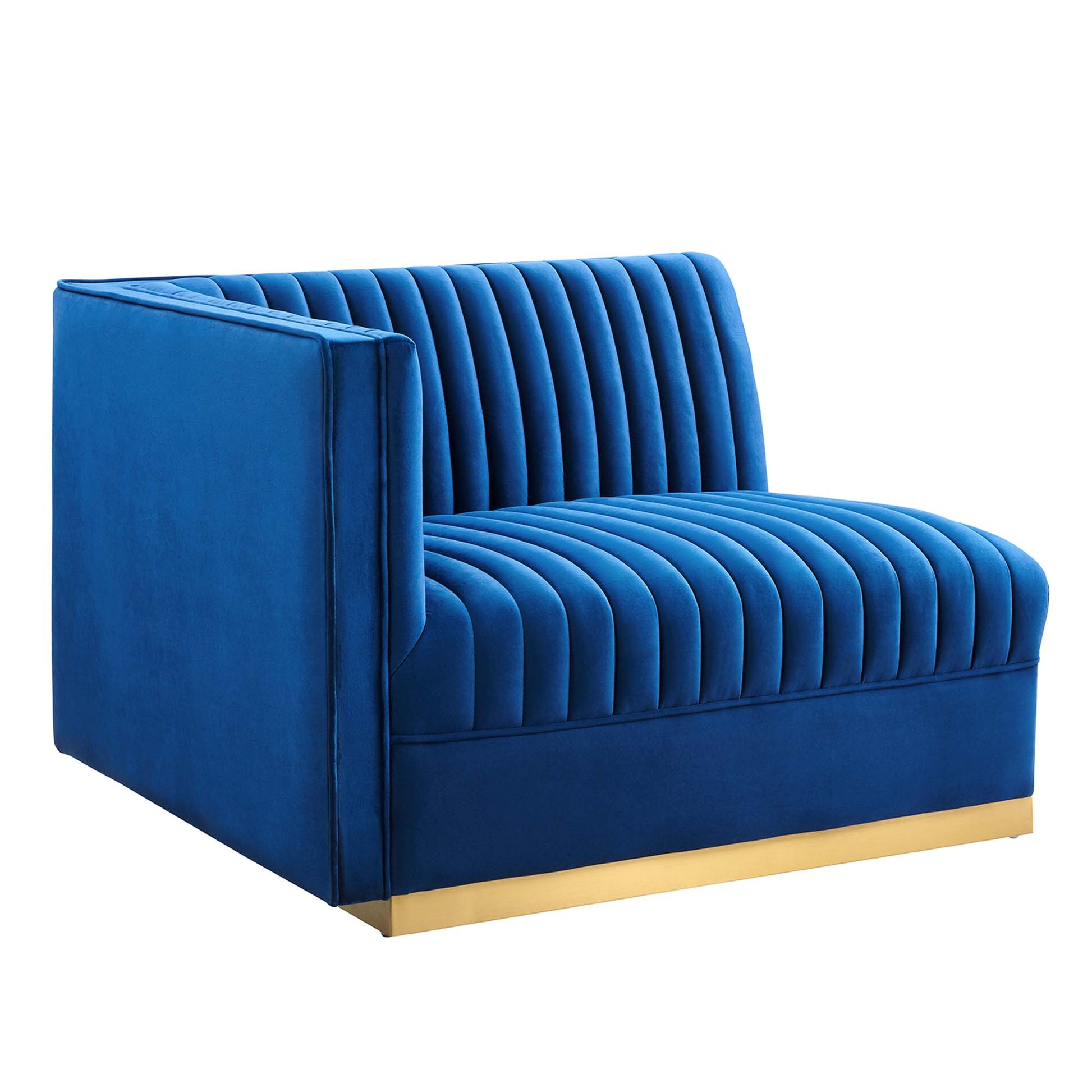 Navy blue velvet channel-tufted left-arm chair with square arms and a gold-tone base.
