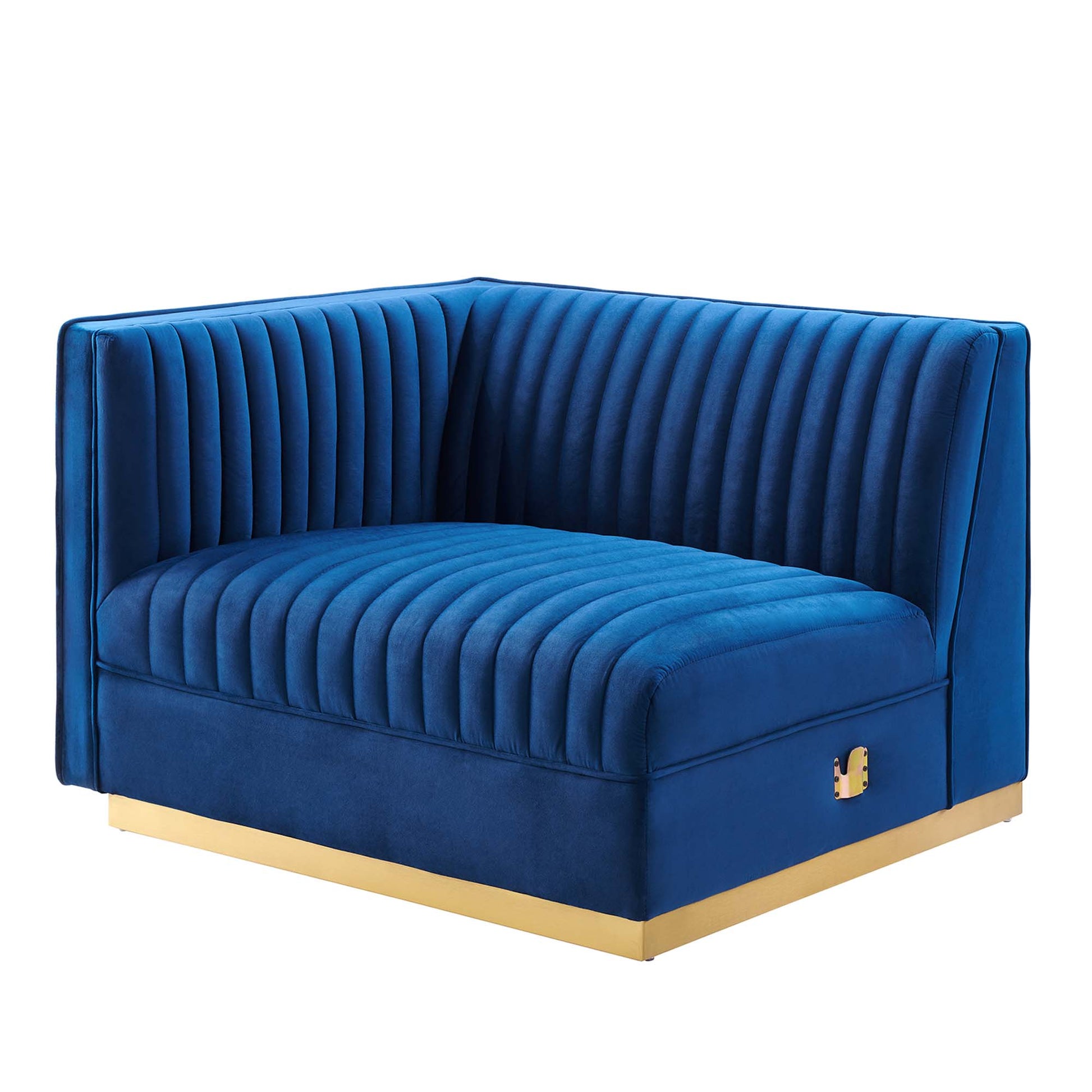 Navy velvet modular sectional sofa with left-arm chair, vertical channel tufting, squared arms, gold-finish base.