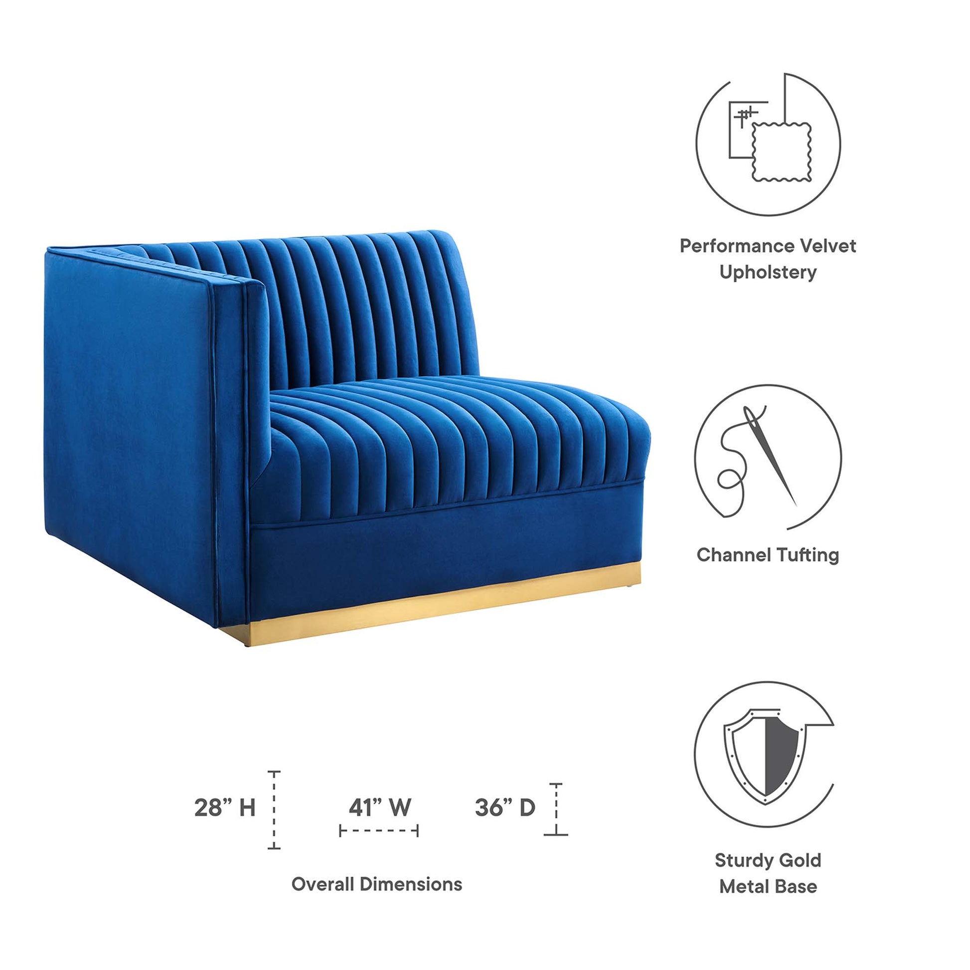 Navy channel-tufted performance velvet modular sectional sofa left-arm chair with a gold metal base.