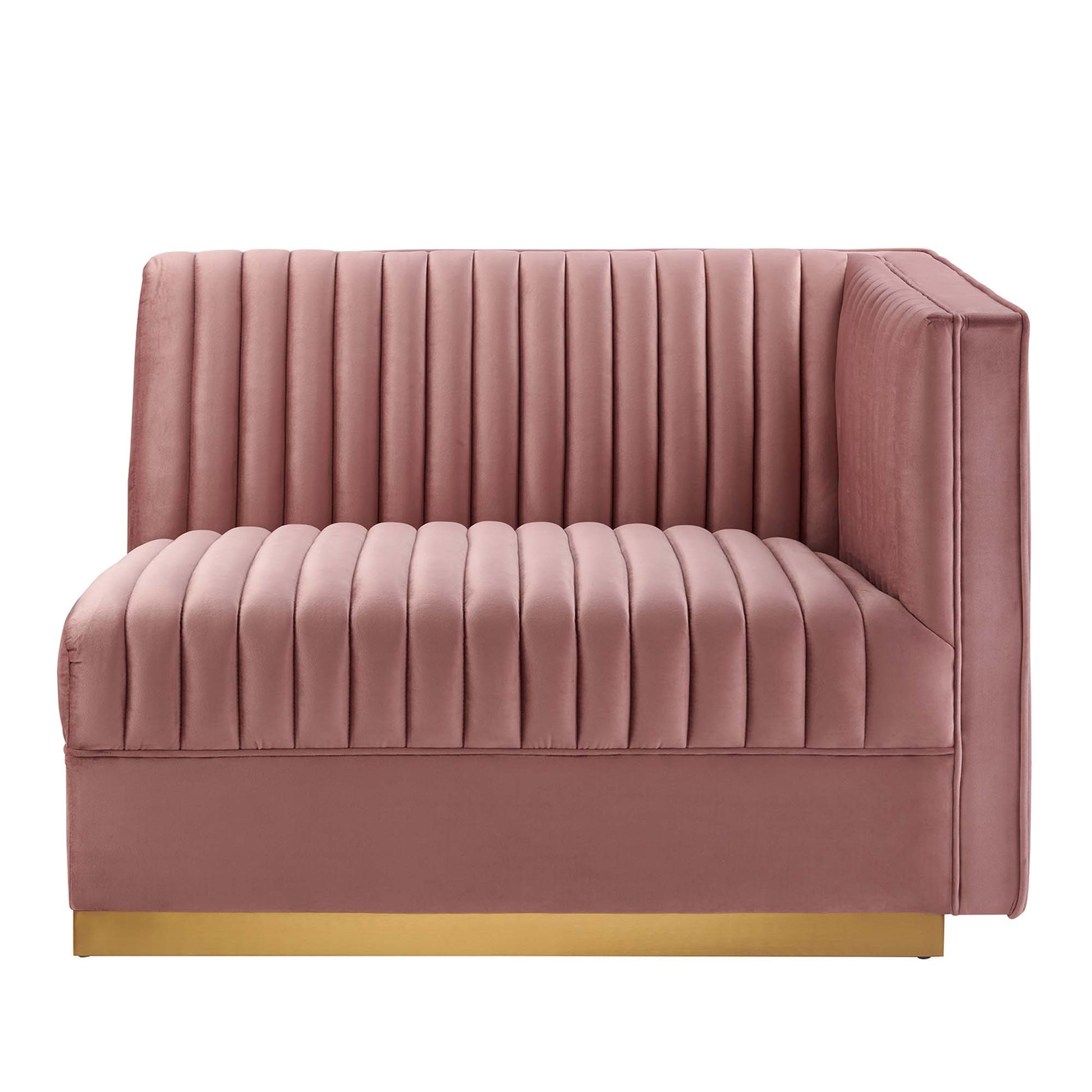 Red velvet tufted modular sectional sofa with vertical channel stitching & a gold base, right-arm chair configuration.