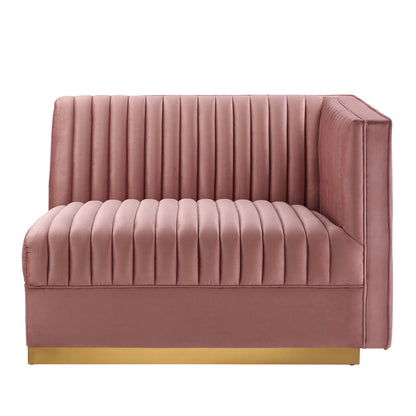 Red velvet tufted modular sectional sofa with vertical channel stitching & a gold base, right-arm chair configuration.