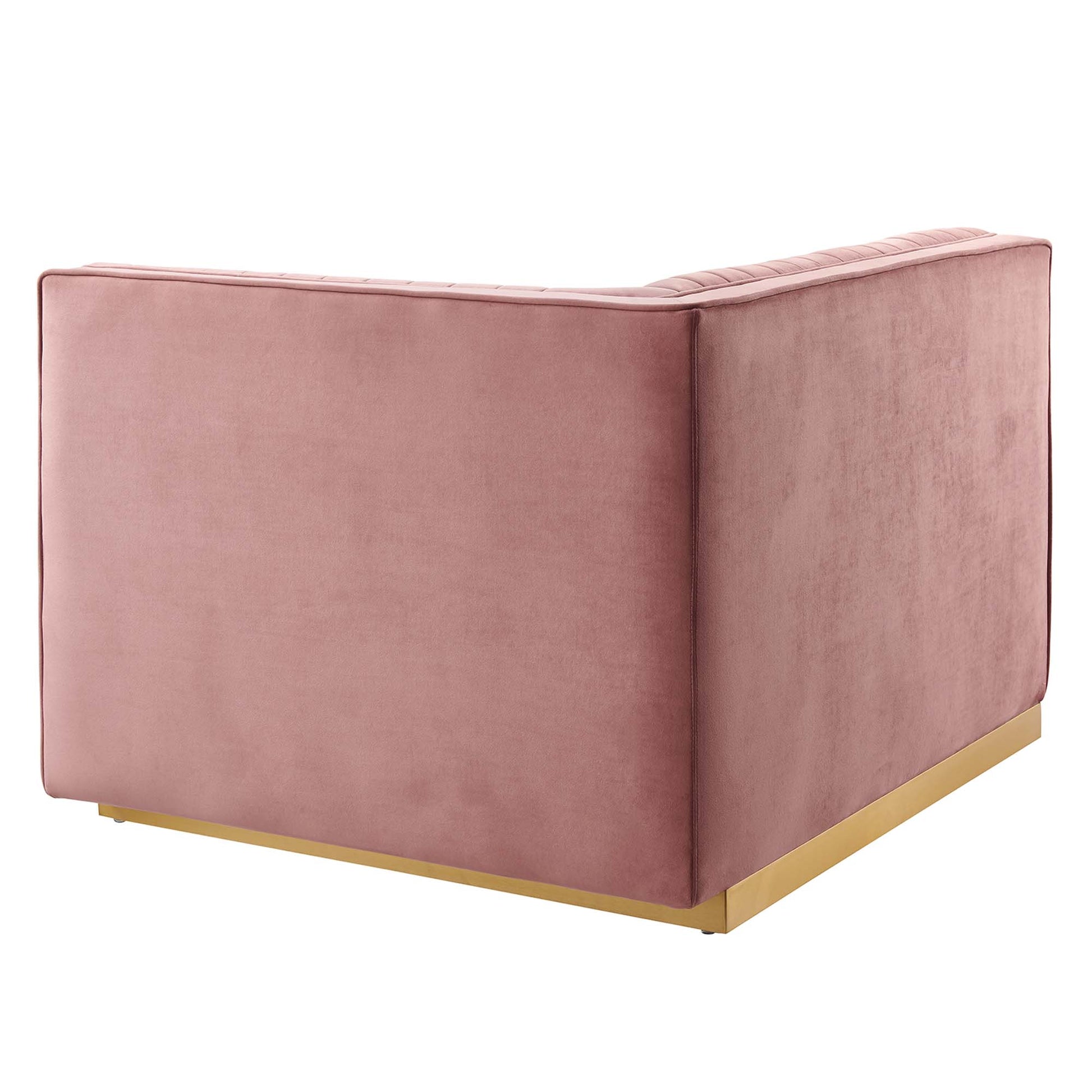 Red velvet modular sectional sofa with right-arm chair, channel-tufted performance velvet upholstery, contemporary square-arm design.