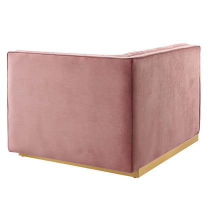 Red velvet modular sectional sofa with right-arm chair, channel-tufted performance velvet upholstery, contemporary square-arm design.
