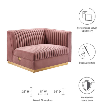 Red velvet channel-tufted modular sectional sofa with a sturdy gold metal base; right-arm chair, 28H x 41W x 36D.