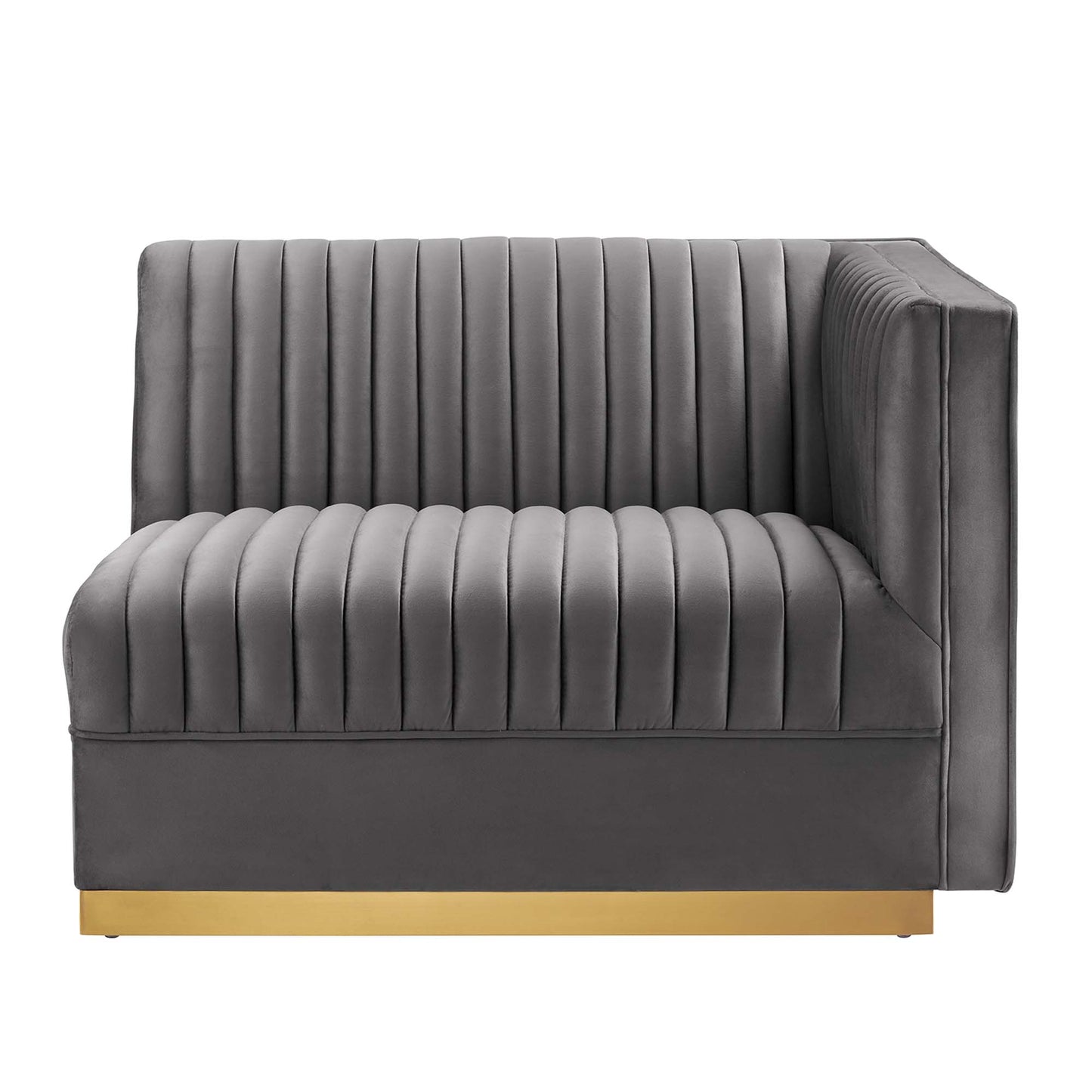 Gray velvet channel-tufted right-arm chair from a modular sectional, with a gold metal base and a modern rectangular silhouette.
