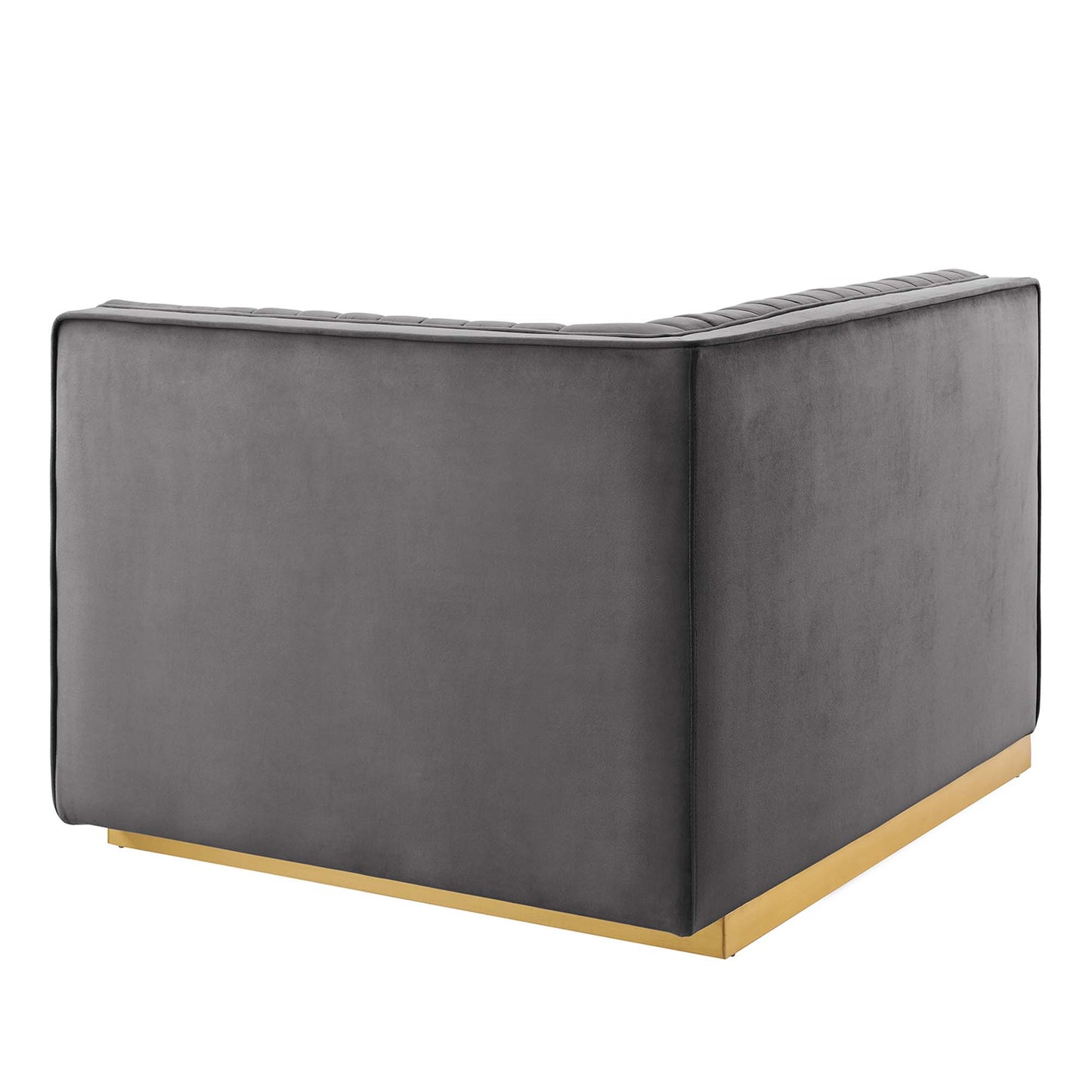 Gray velvet corner sofa with gold metal base; low-profile, boxy modern L-shape.