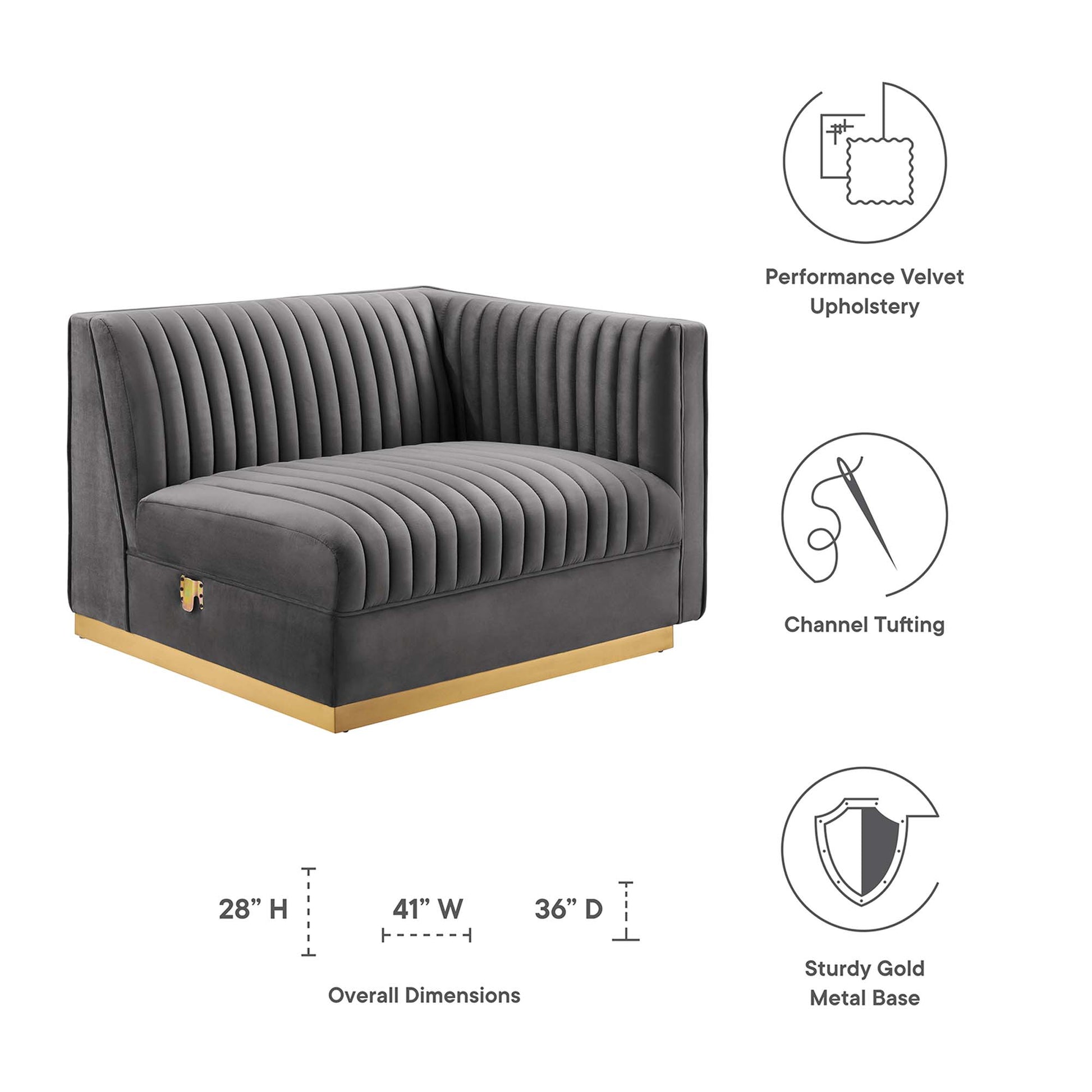 Gray performance velvet sofa with vertical channel tufting and a sturdy gold metal base.