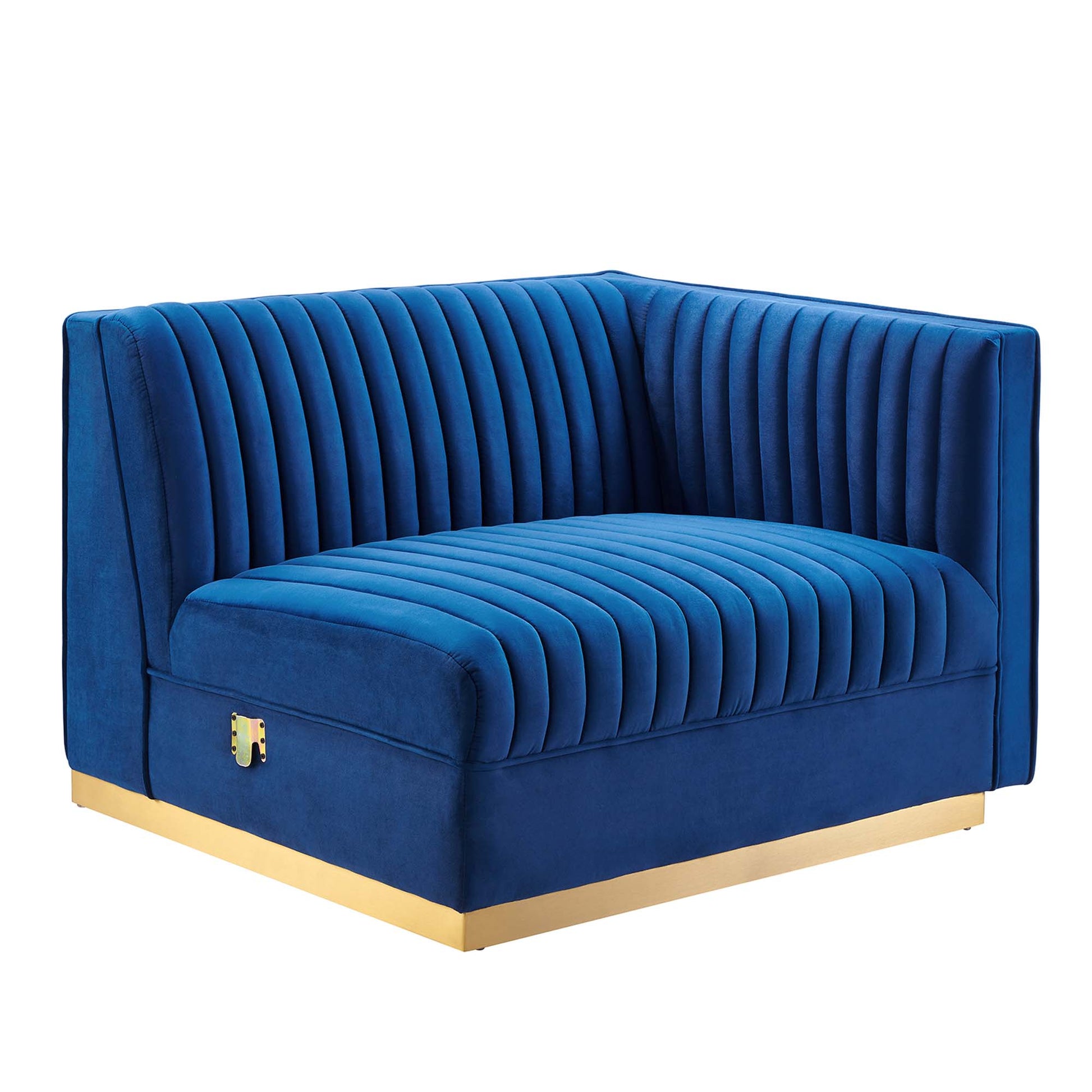 Navy blue performance velvet modular sectional sofa with vertical channel tufting & a gold base, includes a right-arm chair.