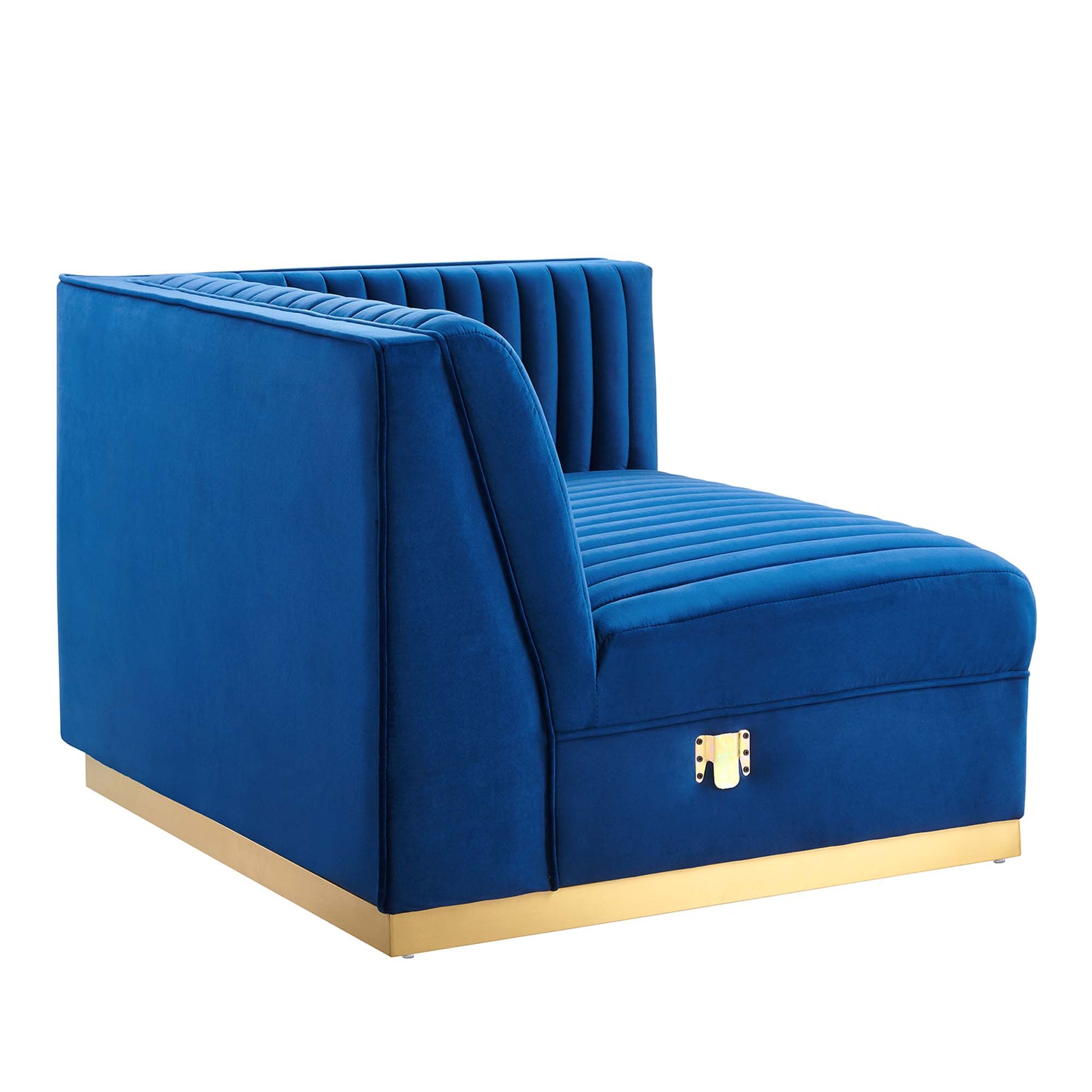 Navy blue velvet modern right-arm chair with vertical channel tufting and a gold metal base