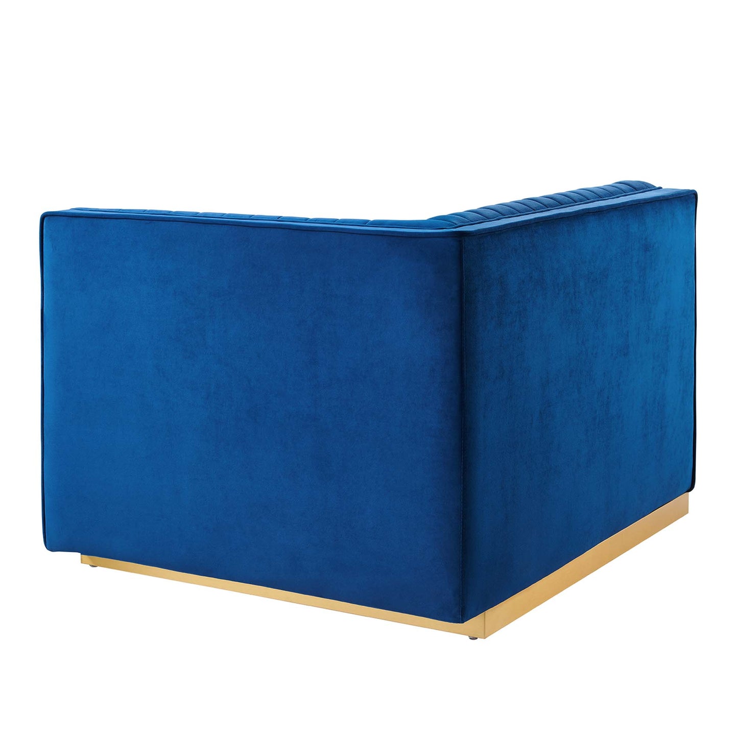Blue velvet corner sofa sectional with gold-tone metal base and clean lines.