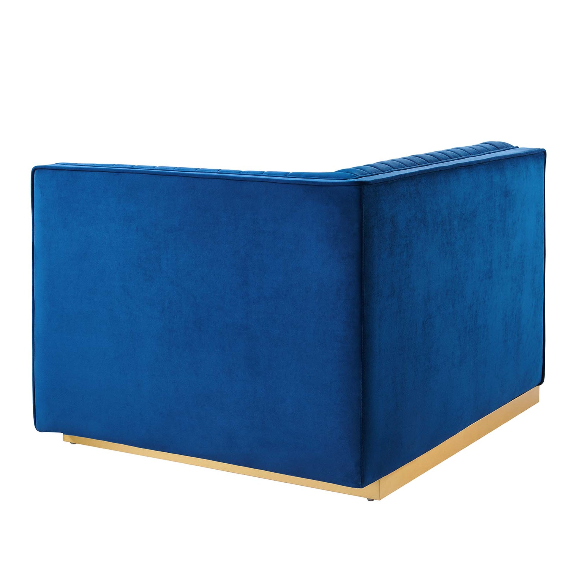 Blue velvet corner sofa sectional with gold-tone metal base and clean lines.