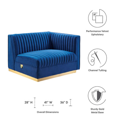 Navy blue velvet channel-tufted modular sectional sofa with a right-arm chair and a gold metal base.