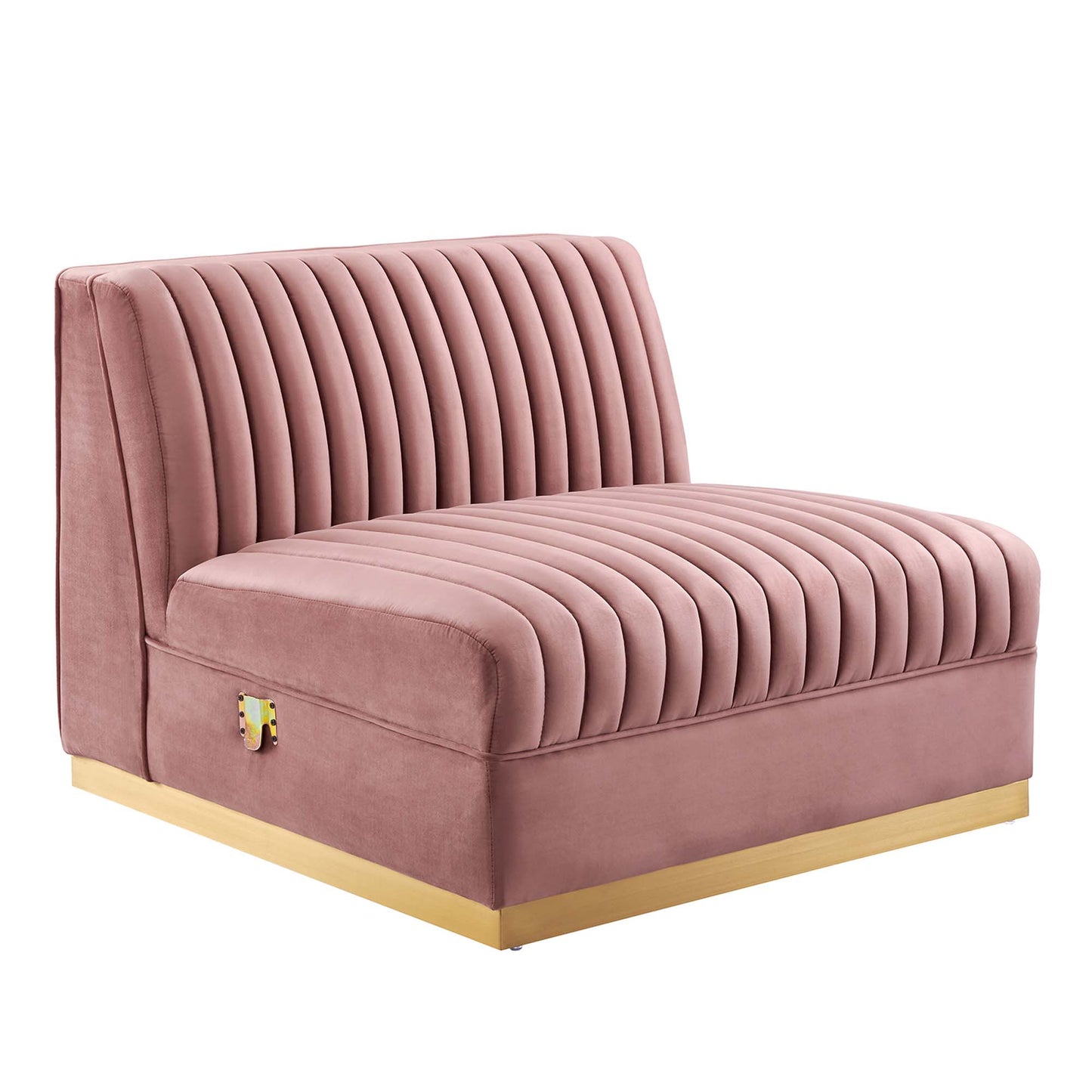 Red performance velvet armless chair with vertical channel tufting.