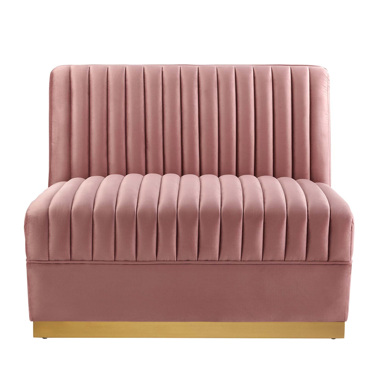 Red velvet channel-tufted armless chair, part of a modular sectional sofa, with a tall back and gold-tone base.