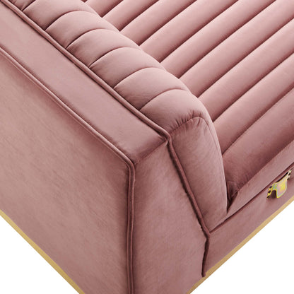 Red velvet modular armless chair with channel-tufted back cushions & gold-tone base trim