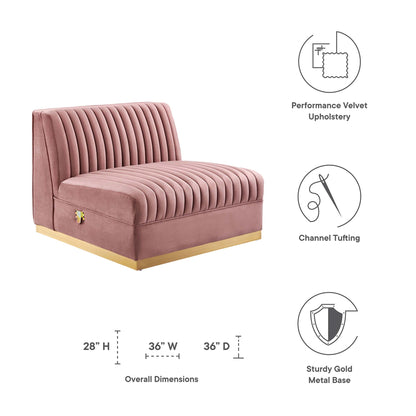 Red velvet armless chair with vertical channel tufting & a gold metal base; 28H x 36W x 36D.
