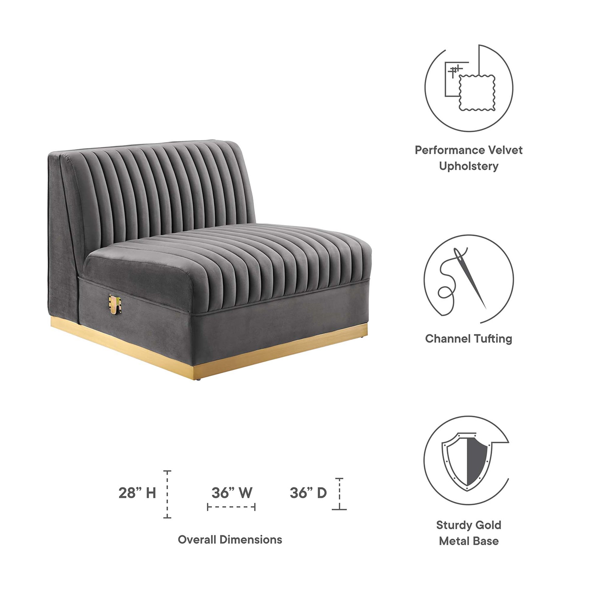 Grey performance velvet armless chair with vertical channel tufting and a sturdy gold metal base, 28H x 36W x 36D.