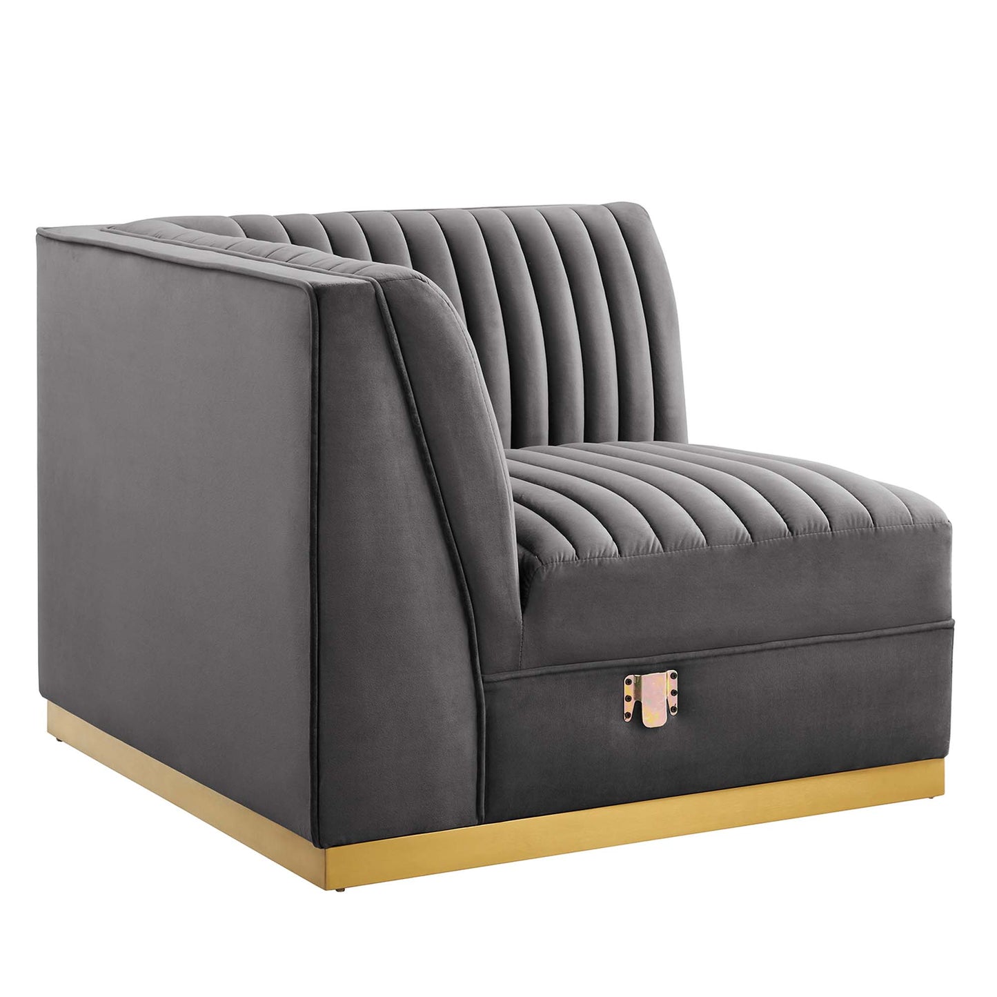 Gray velvet left corner chair for modular sectional, channel-tufted with vertical channels and a gold metal plinth base.