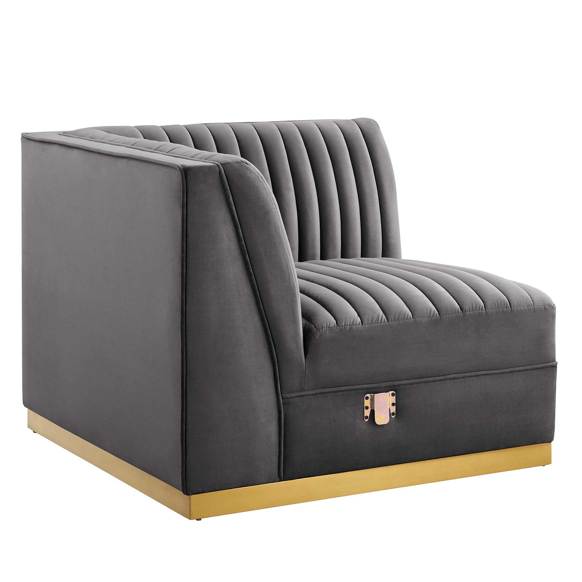 Gray velvet left corner chair for modular sectional, channel-tufted with vertical channels and a gold metal plinth base.