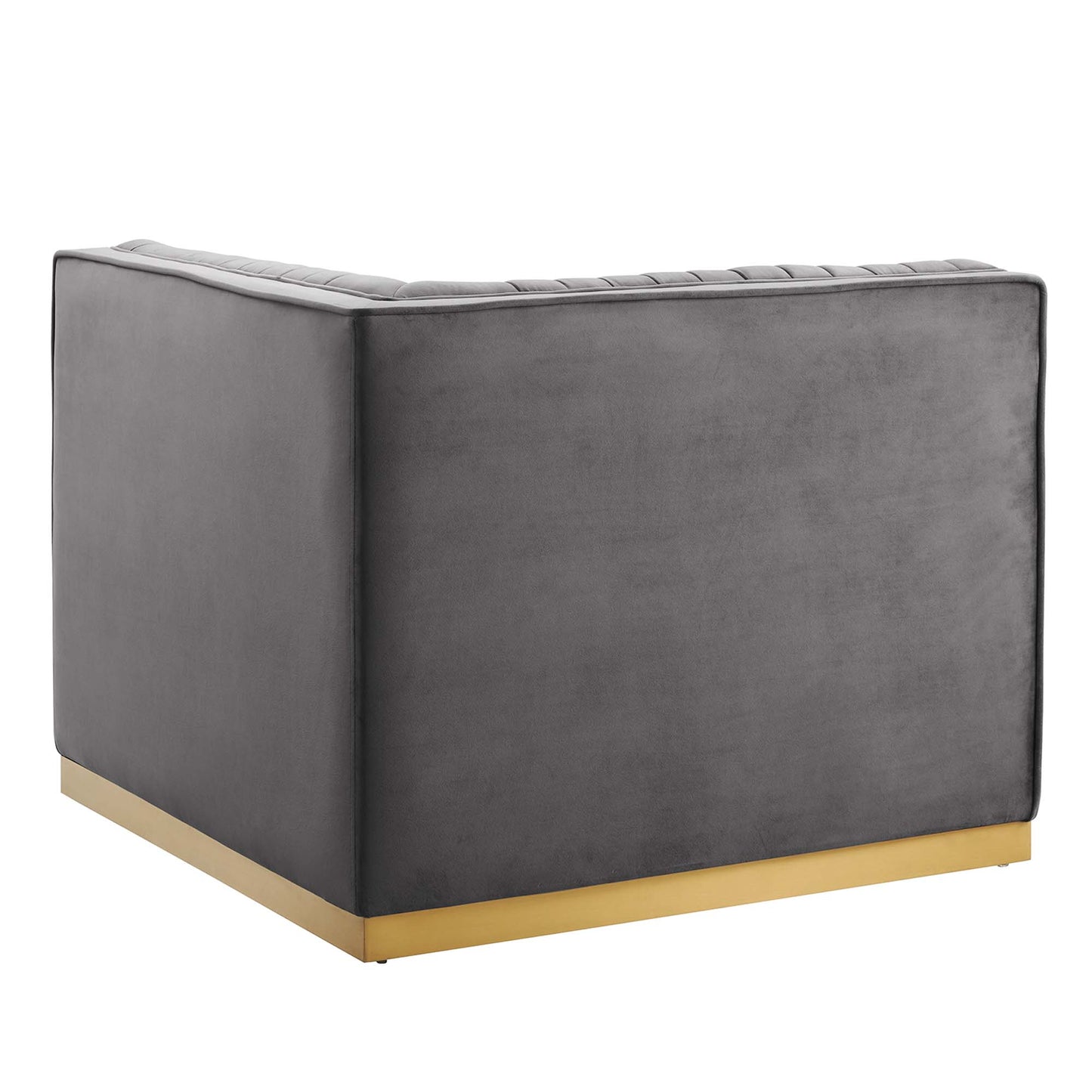 Grey velvet left corner chair for modular sectional, with a gold metal base trim.