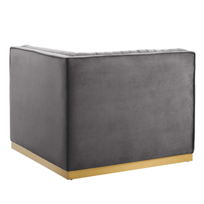 Grey velvet left corner chair for modular sectional, with a gold metal base trim.