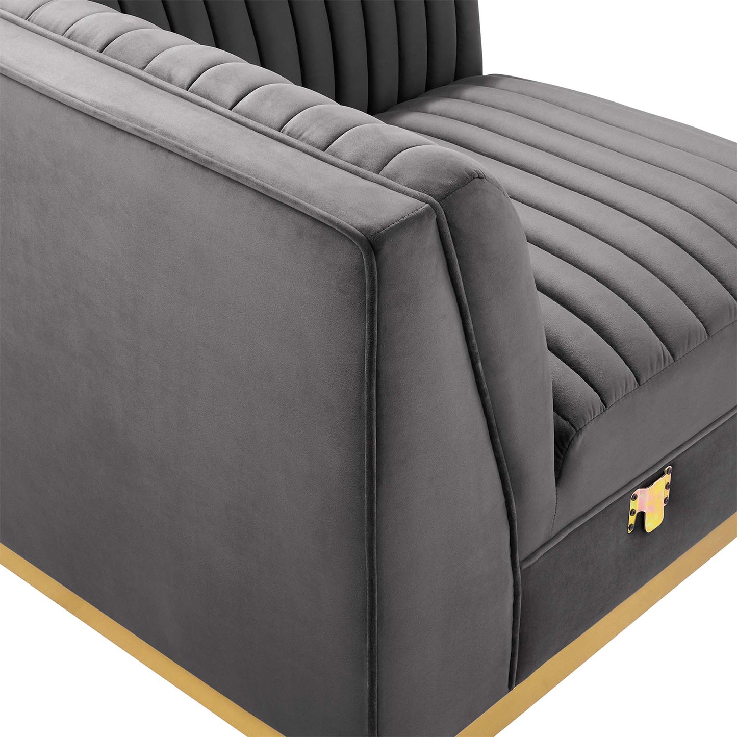 Grey velvet channel-tufted left corner chair for a modular sectional, with squared arms and a gold-tone base.
